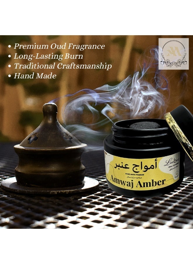 Luxebevy Amwaj Amber Bakhoor (140g) Includes Tongs – Authentic Arabic Bakhoor Incense for Long-Lasting Fragrance – Use with Bukhoor Burner/Incense Burner, Meditation & Relaxation – Ramadan & Eid Gifts - Image 3